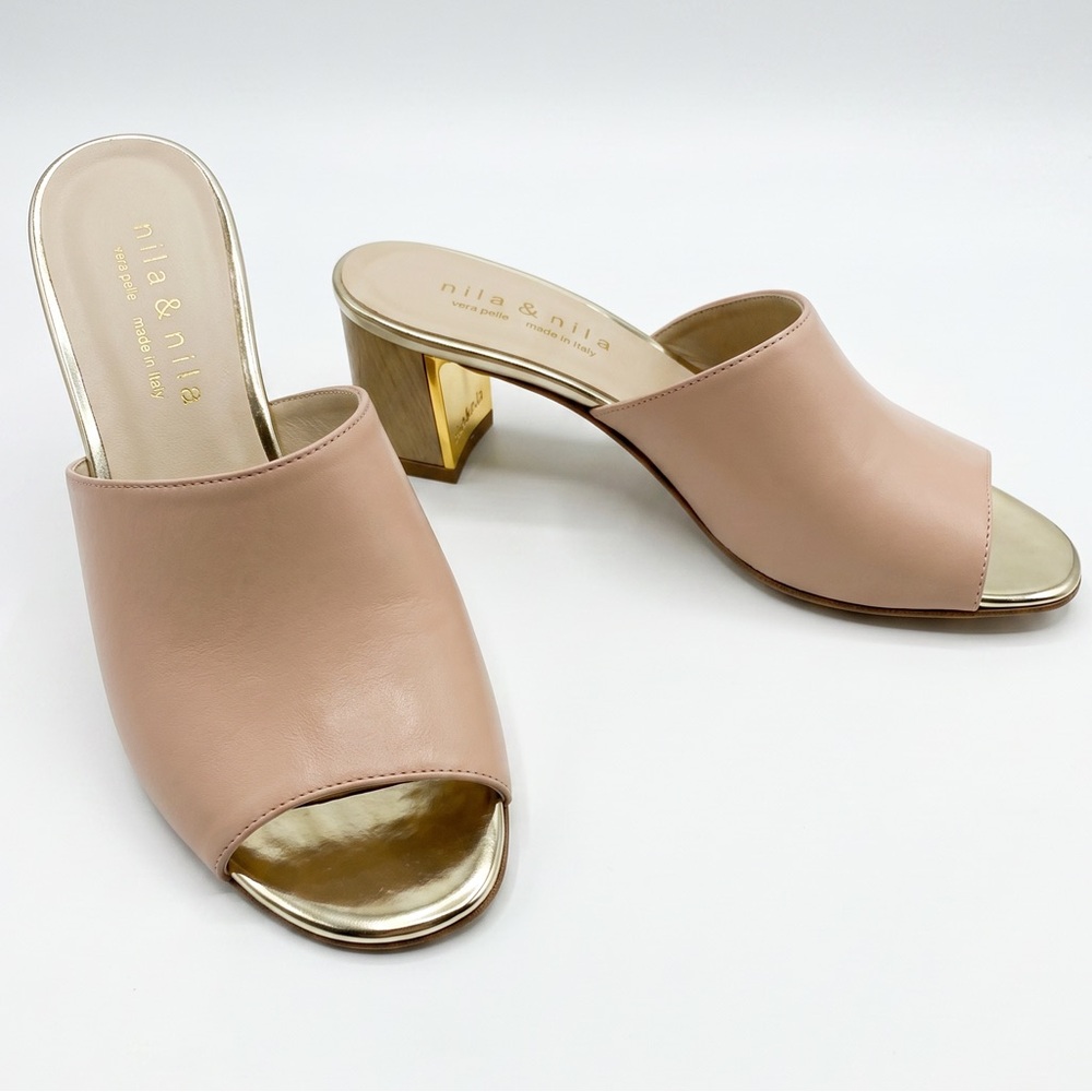 Nila & Nila Women’s Blush Leather Open-Toe Comfort Slide Mules with Gold Accent